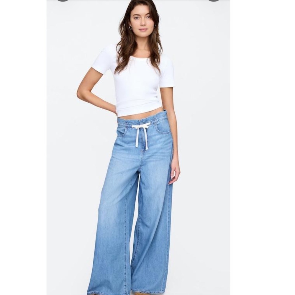 Gap Knit Like Easy Wide Leg Drawstring Denim Pants Light Indigo Blue M Regular